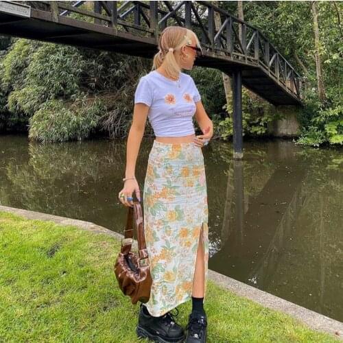 Women Skirt Y2K Vintage Floral Print Slit Hem Maxi Skirts 2021 Streetwear High Waist Straight Long Skirt Pattern Fairy Core 90S