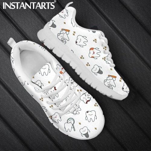 INSTANTARTS Cute Cartoon Dentist Tooth Cartoon Pattern Femme Flat Shoes Breathable Air Casual Sneaker for Women Non-Slip Zapatos
