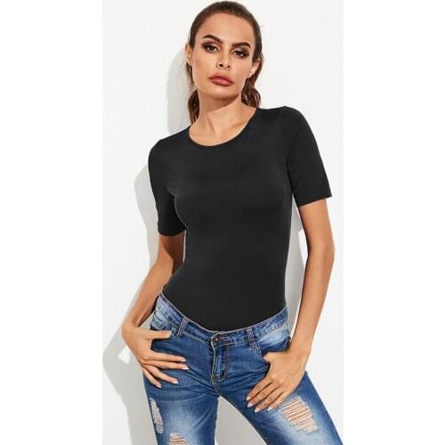 Summer New Skinny Bodysuit Women O-neck 2/1 Short Sleeve Solid Color Slim Sexy Casual Office Lady Streetwear Bottoming Shirt