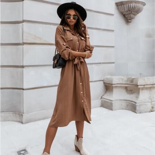 Women Fashion Shirt Dress Elegant Turn-down Collar Long Sleeve Pocktes Single Buttons Drawstring Mid Dress Casual Solid Dress