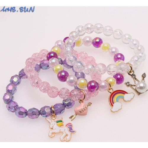 MHS.SUN Baby Girls Heart/Unicorn/Rainbow Charm Bracelet 4PCS Handmade Beaded Elastic Bangles For Kids Jewelry Party Gift