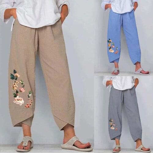 Hot Sale Womens Casual Print Pants Elastic Girdle Waist Wide Leg Pants Trousers Fashion Simple Daily Pants Vetement Femme 2021