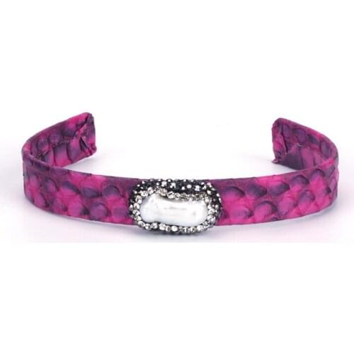 Natural Freshwater Big Pearl Bead Pave Rhinestone Charm Hot Pink Real Leather Wrap Adjustable Open Bracelet Cuff Bangle Women
