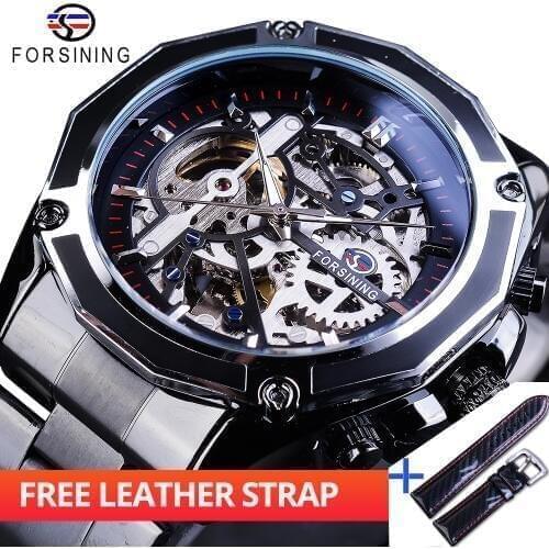 Forsining Watch + Band Set Combination Steampunk Mechanical Movement Black Bracelet Men Automatic Watches Fashion Skeleton Clock