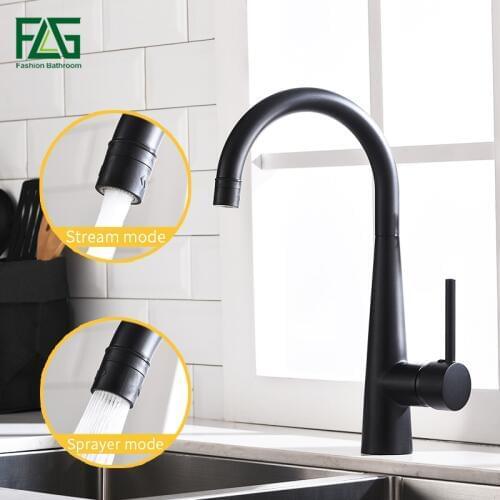 FLG Kitchen Sink Faucets Black Brass Kitchen Faucet 360 Swivel 2 Function Water Outlet Mixer Cold Hot Mixer Water Tap 1013-33B