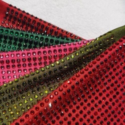 Hot Fix High Quality Green Crystal Rhinestone Polyester Spandex Elastic Stretch Fabric Shinning Glitter