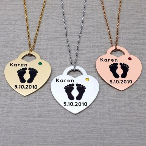 Personalized Name and Date Necklace Heart Pendant Baby Feet Keepsake Jewelry Gift For Mom