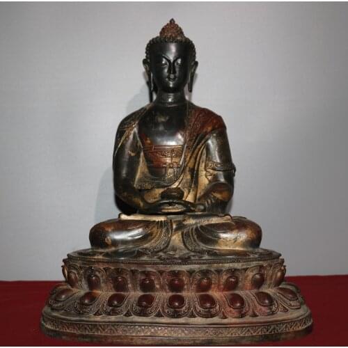 17"Chinese temple collection Old Bronze Cinnabar Lacquer Shakyamuni Buddha Amitabha Sitting Buddha Ornaments Town House