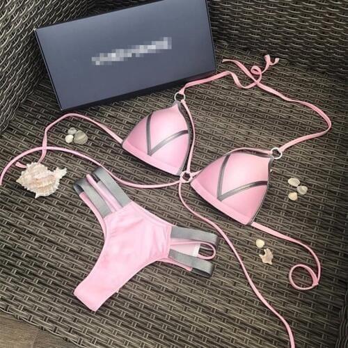 Sexy String Thong Bikini Set Pink 2020 Women Push Up Swimwear Biquini Halter Top 2 Pcs Swimsuit Padded Bra Female Bathing Suit