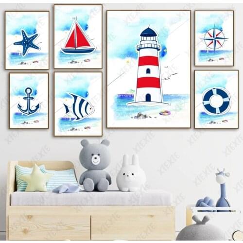Cartoon Navy Wallpaper Poster Ship Anchor Tower Rudder Canvas Painting Lifebuoy Art Craft Print Picture Home Bedroom Decoration