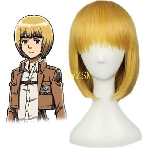 Attack On Titan Armin Arlert Short Silky Straight Boys Shaggy Layered Yellow Bob Synthetic Cosplay Wig+ Wig Cap