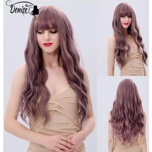 Purple Long Wave Daily Ombre Hair Synthetic Wig With Bangs For White Women Natural Cosplay Female Heat Resistant Fiber Wigs