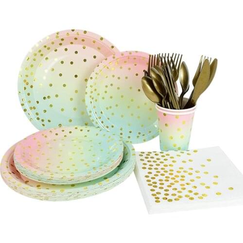 Colorful Polka Dot Bronzing Disposable Tableware Towel Paper Cup Plate Tableware Set Wedding Birthday Party Decorations Supplies
