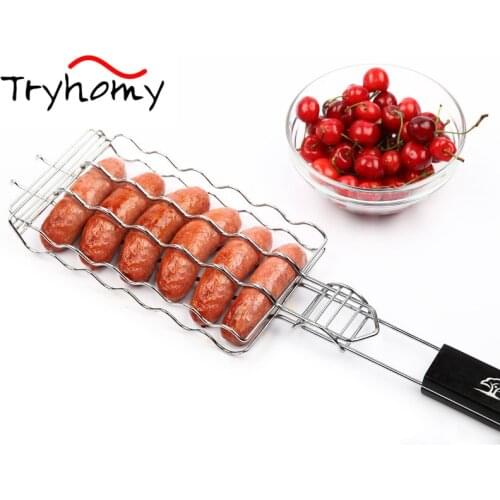 Portable BBQ Grilling Sausage Basket Stainless Steel Nonstick Camping Barbecue Grill Basket Tools Metal Mesh Hot Dog Baskets