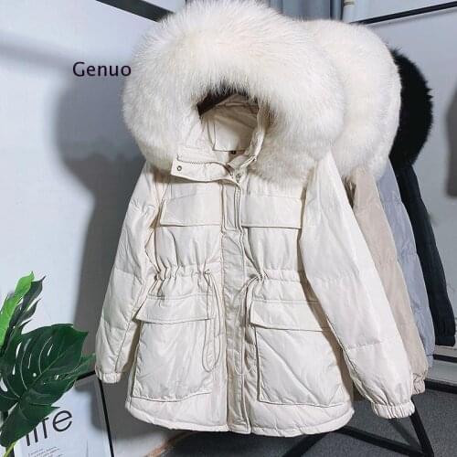 Winter White Duck Down Jacket Women New Fashion Fox Fur Collar Short Hooded Down Coat Female Office Lady Adjustable Waist