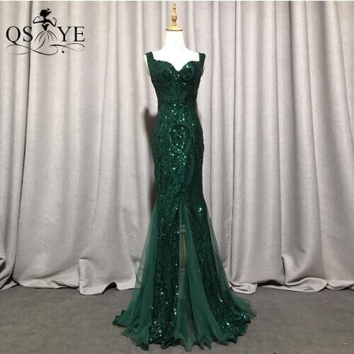 Luxury Emerald Evening Dresses Green Sequined Long Mermaid Prom Gown Glitter Elegant Party Dress Pattern Lace Formal Dress 2021