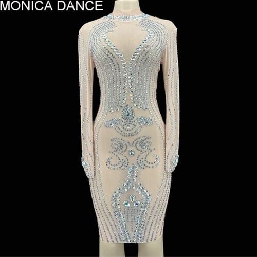 Sexy Sparkly Silver Rhinestones Mesh Dress See Through Costume Nightclub Singer Dance Dress Womens Birthday Celebrate Dress