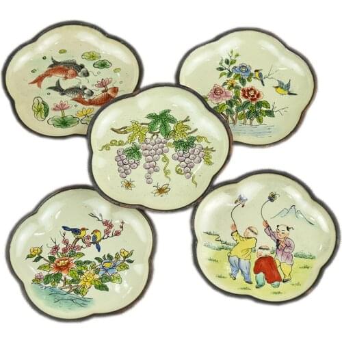 Antique Handcraft Enamel Color Small Plate Chinese Cloisonne Copper Dish Decoration Table Ornaments Home Office Desk Decor Gift