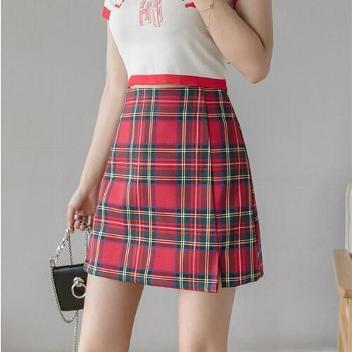 Summer Skirts 2020 Korean Style Vintage Plaid High Waist A Line Slit Skirt Blue Red Green Womens Clothing faldas cortas B350