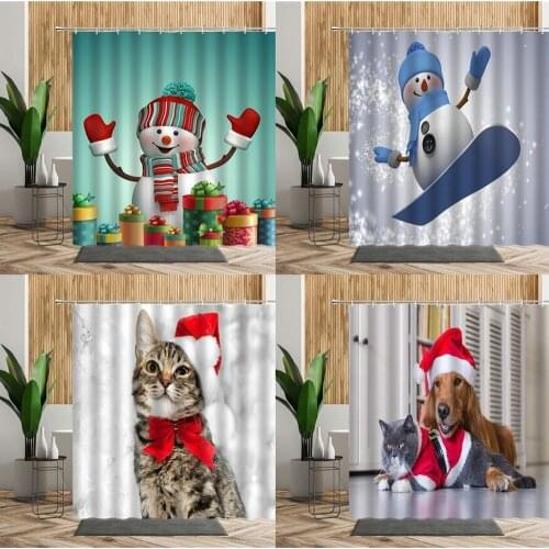 Funny Snowman Shower Curtains Cute Animals Cats And Dogs Christmas Child Decoration Bathroom Waterproof Bath Curtain With Hooks