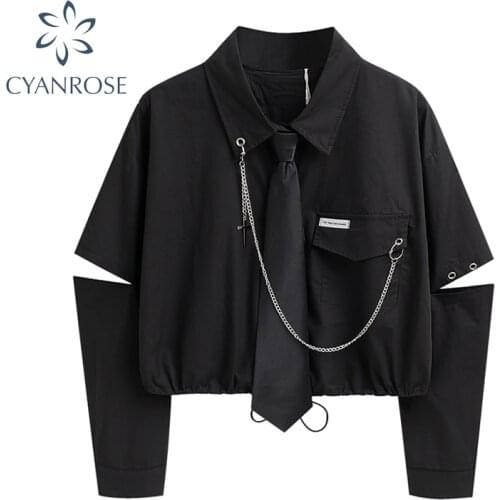 Fashion Punk Style Women Shirt Gothic Harajuku Dark Tie And Chain Long Sleeve Split Goth Design Streetwear Blouse Girl Crop Top