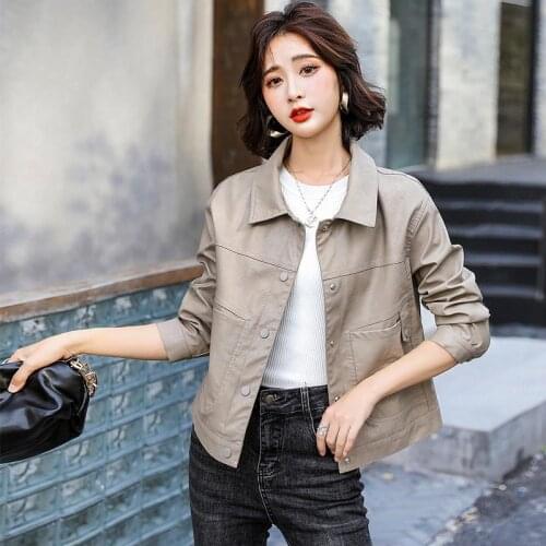 2021 Autumn PU Leather Women Short Jacket Long Sleeve Turn-Down Collar Single Breasted Female Jackets Solid Casual Coat Y602