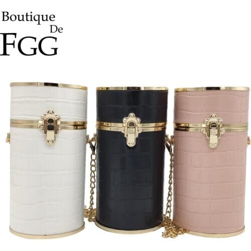 Boutique De FGG Faux Leather Round Barrel Women Shoulder Handbags and Purses Fashion Chain Crossbody Bag Party Dinner Clutch Bag