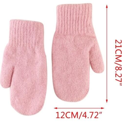 Women Winter Double Layer Windproof Full Finger Gloves Solid Color Cold Weather Thicken Plush Lining Fluffy Knitted Mittens