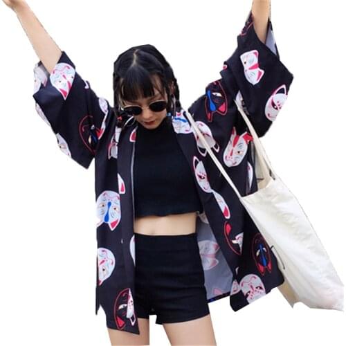 Neploe Women Cardigan Kimono Harajuku Half Sleeve V-neck Blouses Tops Cat Print Coat Loose Black Red Chiffon Shirts Blusas 33423