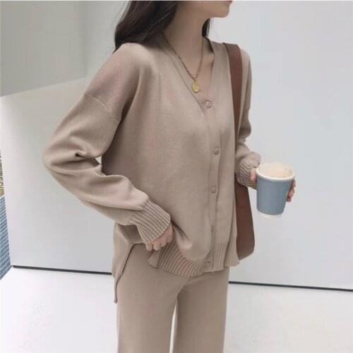 Women Autumn Casual Knitted 2 Two Piece Set Outfits Leisure Tracksuits V Neck Cardigan Sweater with High Waist Pants