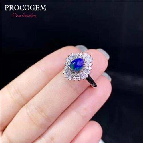 New PROCOGEM Gorgeous Natural Black Opal Ring for Women OL Daily Cute Rings Genuine gemstones rings 925 Sterling Silver #748
