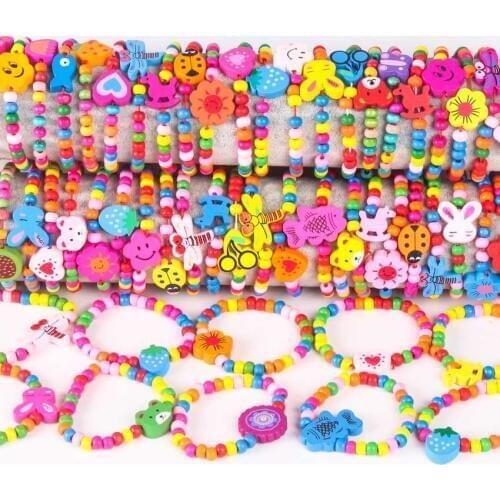 10Pcs Colorful wood beads Mixed lots Wooden Bracelets Wood Kid Girl Boy children Toy Gifts Child Party Bag fillers