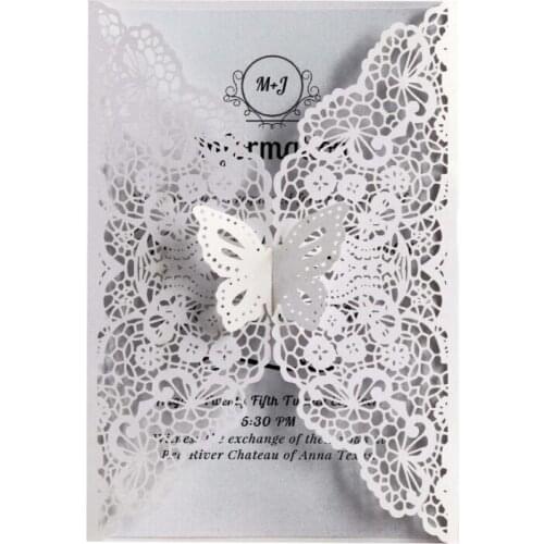 100pcs/lot Butterfly Hollow Lace Flower Wedding Invitation Cards with Envelope Birthday Shower Party Decoration