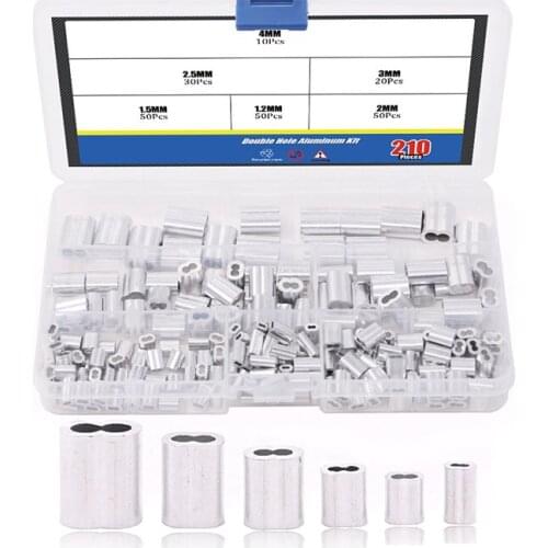 210Pcs 6 Size Aluminum Double Barrel Ferrule Crimping Loop Sleeve for Wire Rope and Cable Line End Assortment Kit