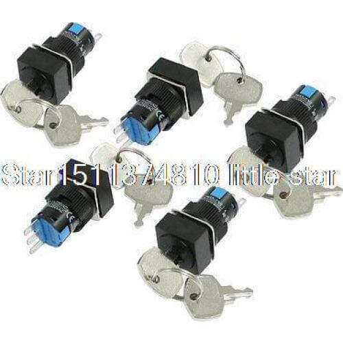 5 Pcs Panel Mount SPDT 2 Position Square Key Lock Push Button Switch AC 250V 5A