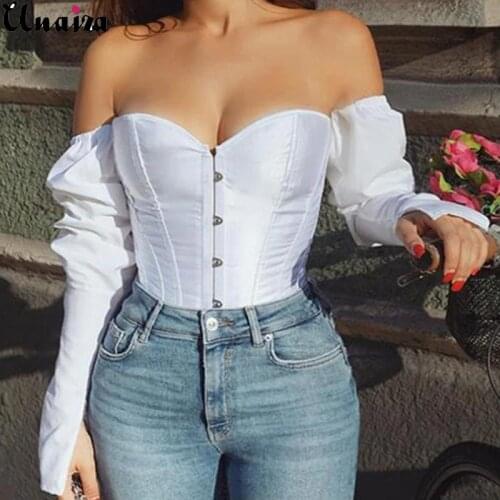 Unaiza Women Sexy Off Shoulder Shirt Blouse Lady Girls Fashion Back Bandage Slim Bustier Female Leotard Corset Ladies' Solid Top