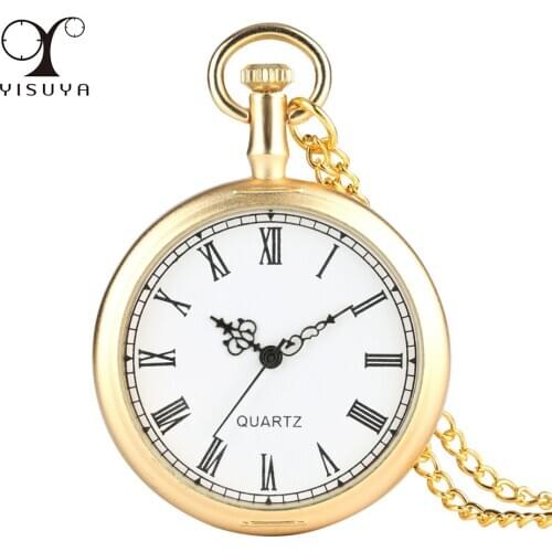 Open Face Gold Necklace Pocket Watch Roman Numerals Black Analog Display Pendant Clock Vintage Antique Watches Gifts Men Women