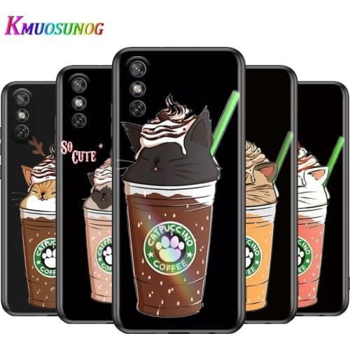 Cute Cat With Coffee For Huawei Y9S Y8S Y6S Y9A Y7A Y8P Y7P Y5P Y6P Y7 Y6 Y5 Pro Prime 2020 2019 Black Soft Phone Case