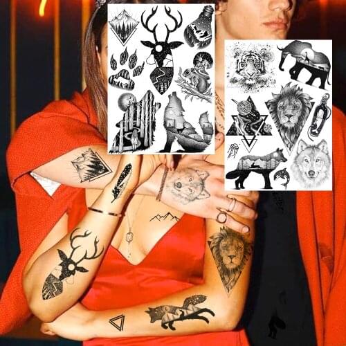 Black Mountain Temporary Tattoo For Men Women Elk Wolf Universe Tatoos Sticker Boby Arm Arm Geometric Fake Tatoo Waterproof Lion