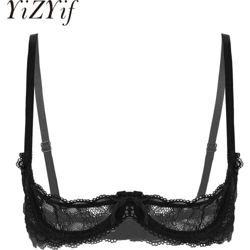 Womens Sexy Bra See Through Sheer Lace Lingerie Adjustable Straps Push Up Underwire Bra Nightclub Sexy Open Cups Bra Top