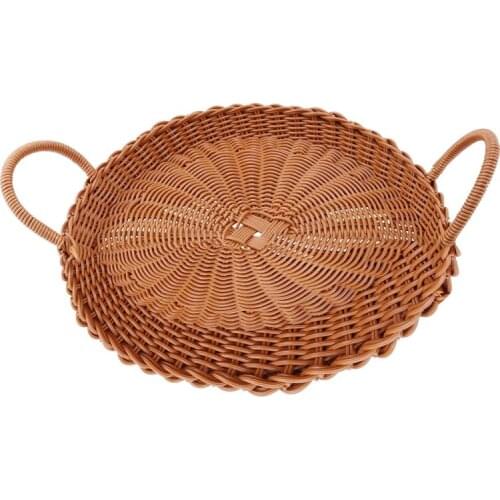 Round Tea Set Storage Tray with Double Ear Handles Hand-Woven Bread and Fruit Basket on Living Room Desktop Rattan Tray