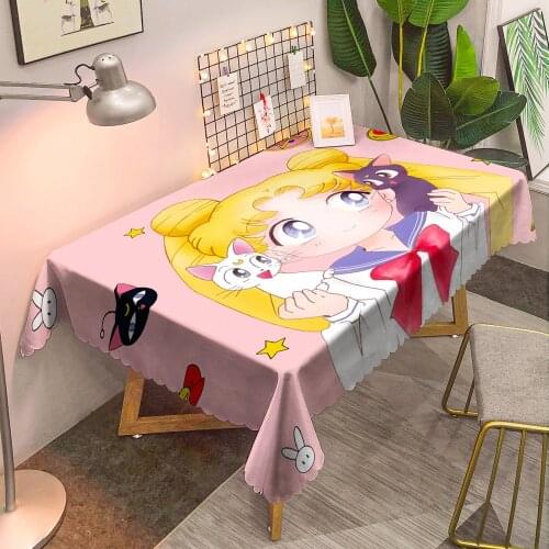 Cute Pink Luna Sailor Moon Tablecloth for Table Waterproof Rectangle Table Cloth Soft Home Textiles for Kitchen Party Decoration