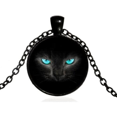 Fashion Cute Black Cat Blue Eyes Animal Style Round Glass Pendent Necklace for Women Men Girls Kids Neck Collar Jewelry Gift