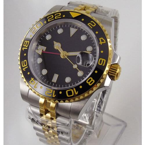 40mm black dial GMT Date Ceramic Bezel Sapphire Glass jubilee see-through back Automatic Movement Mens Watch