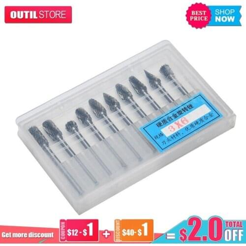 Mini 10pcs Tungsten Carbide Drill Bits Set Stable Metal Burr Milling Cutter Accessories Cone Double Diamond Cut Polishing Tools
