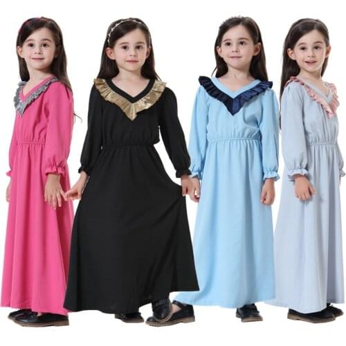 Fashion Child baya Muslim Girl dress ruffle long dress abaya islamic Ramadan birthday Children dress Traditional Kids clothing