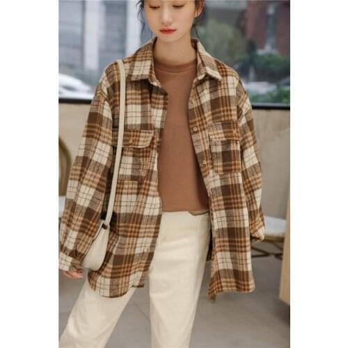 Casual Shirts Coat Woolen Plaid Vintage Turn-Down Collar Blouse Big Size Blusas Autumn New Korea Fashion Women Loose