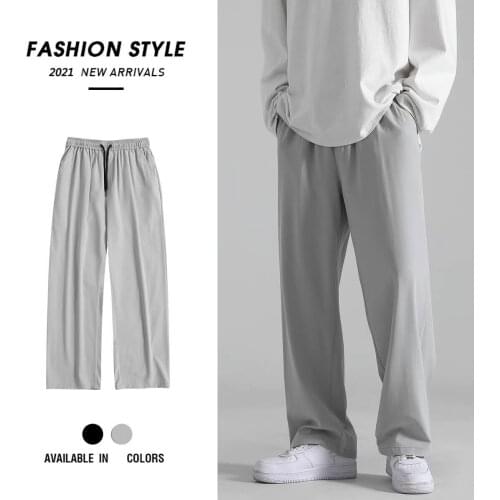 Solid Straight Pants Mens Fashion Elastic Waist Casual Pants Men Streetwear Loose Ice Silk Trousers Mens Wide Leg Pants M-3XL