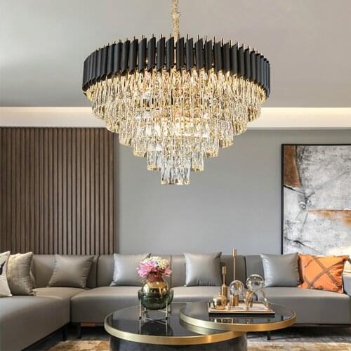 Living Room Luxury Black Metal Led Pendant Lights Modern Lustre K9 Crystal Led Hanging Lamp Led Indoor Lighting Fixture