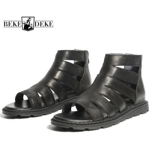 Summer Fashion Mens High Top Hollow Out Gladiator Sandals Man Zipper Open Toe Flats Genuine Leather Shoes Beach Sandals White